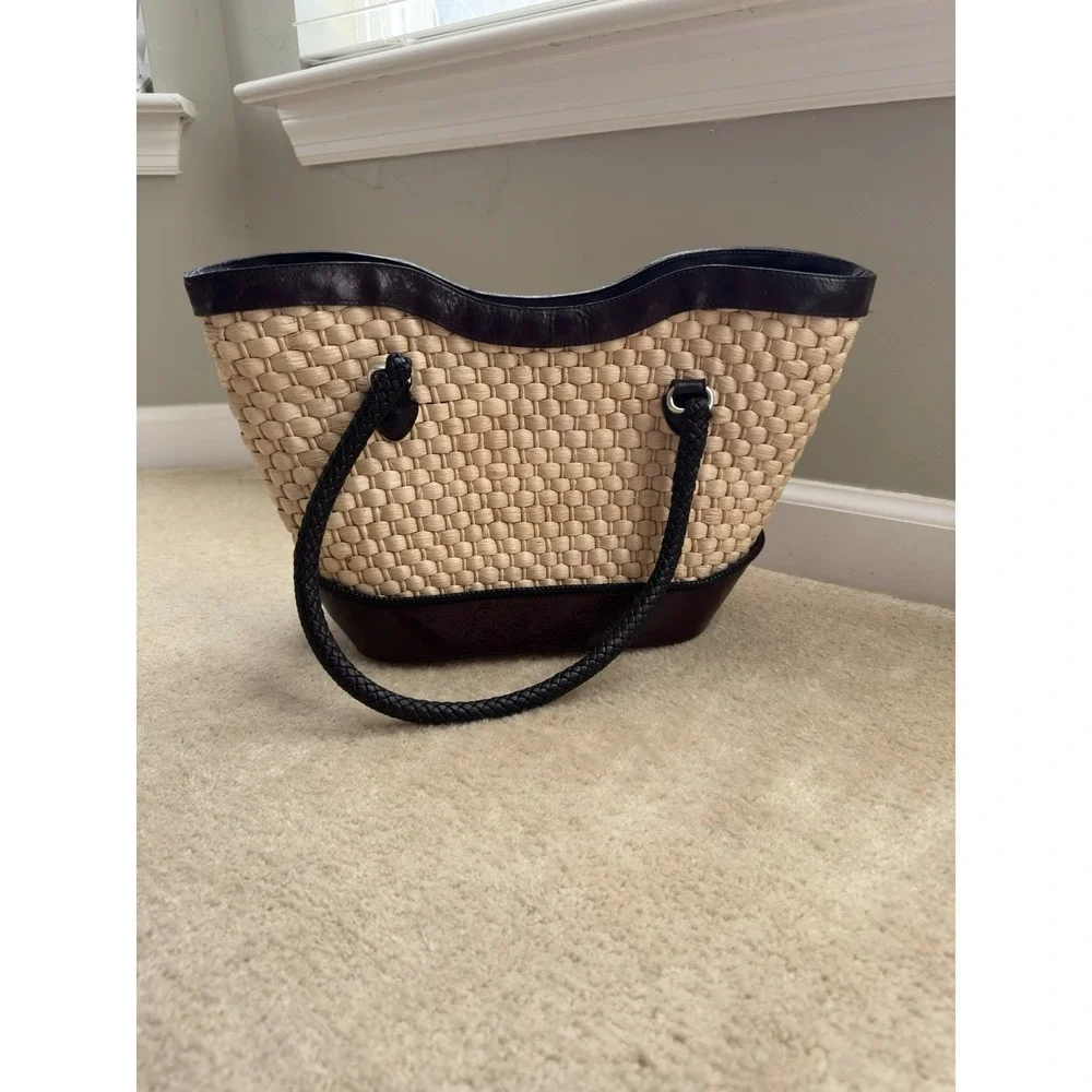 Brighton Vintage Straw Leather Tote, Floral Print Lined Purse‎ With Dust Bag